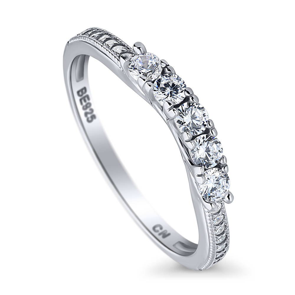 Front view of 5-Stone CZ Curved Half Eternity Ring in Sterling Silver, 3 of 8