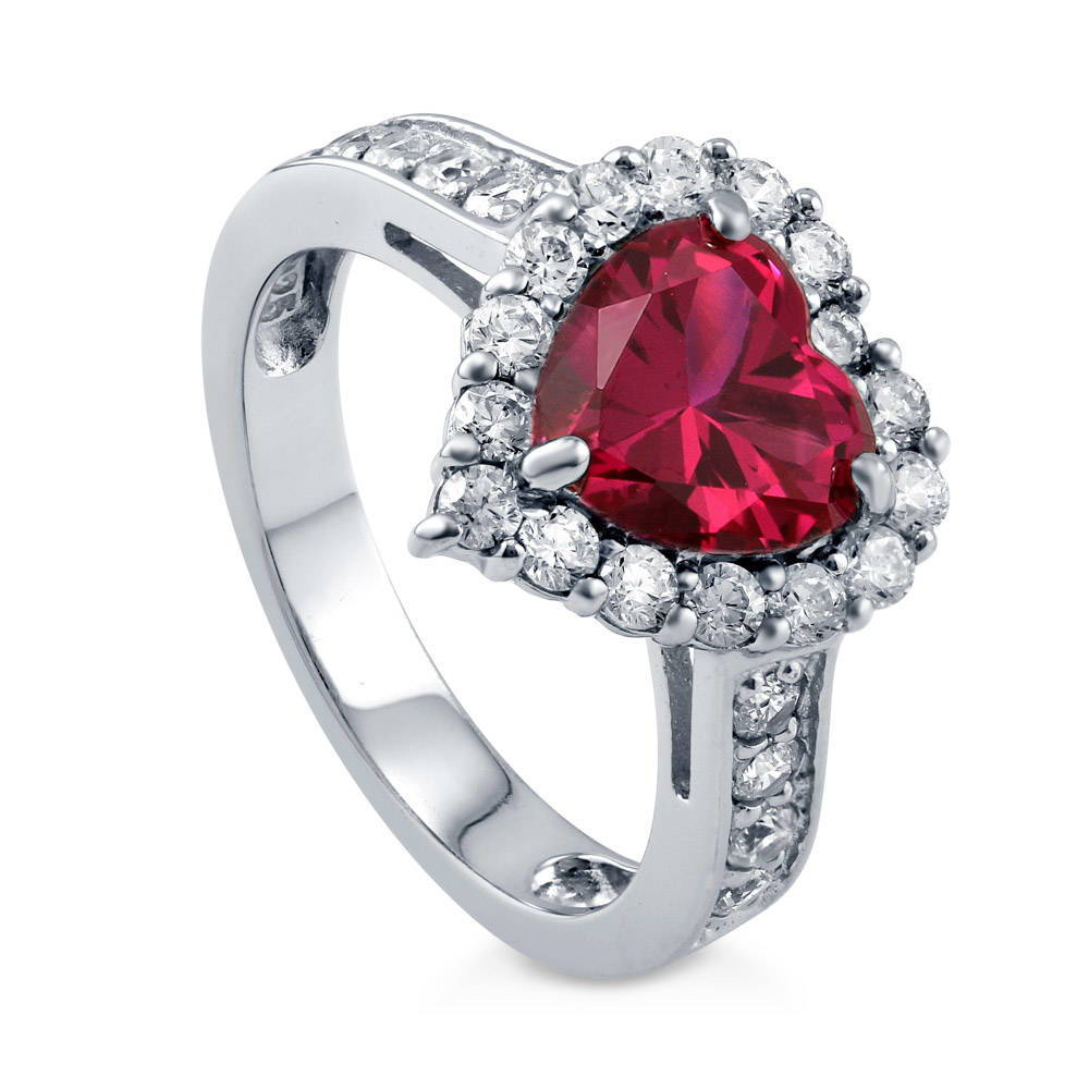 Halo Heart Simulated Ruby CZ Ring in Sterling Silver