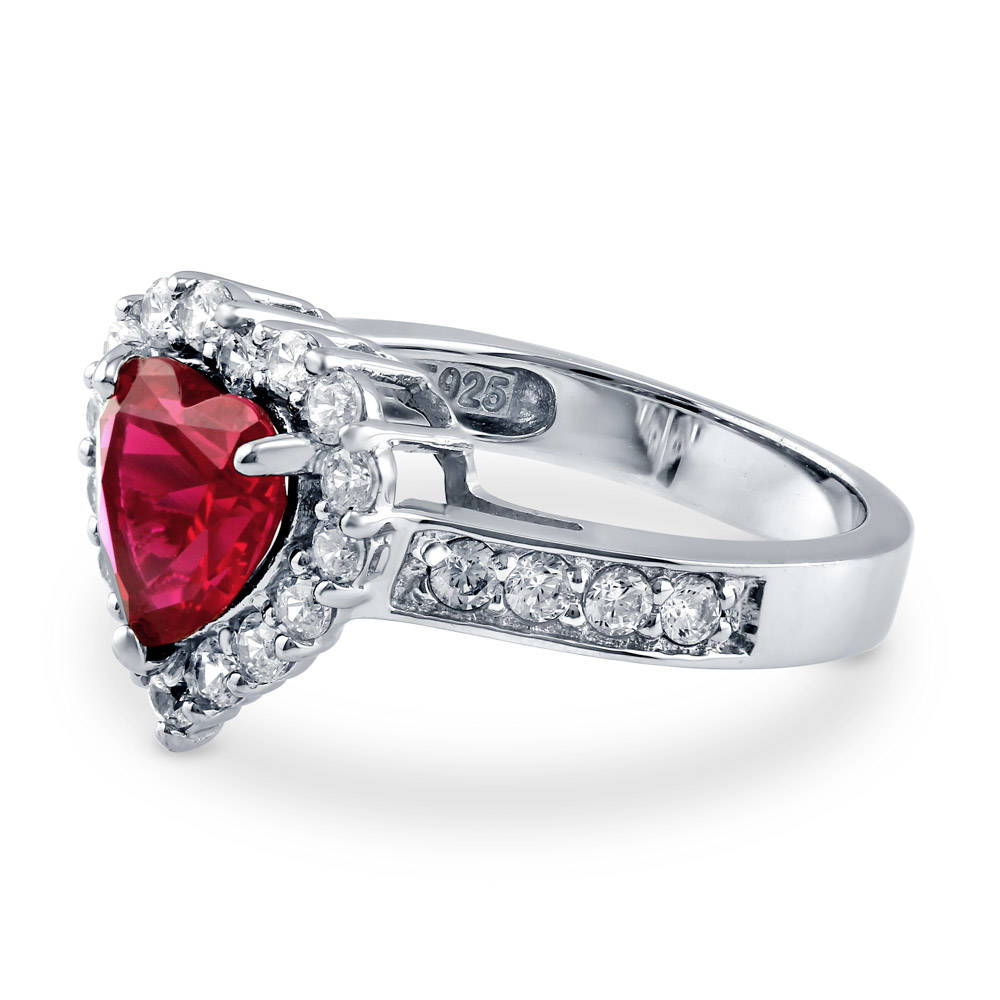 Angle view of Halo Heart Ruby-Red Heart CZ Ring in Sterling Silver, 5 of 9