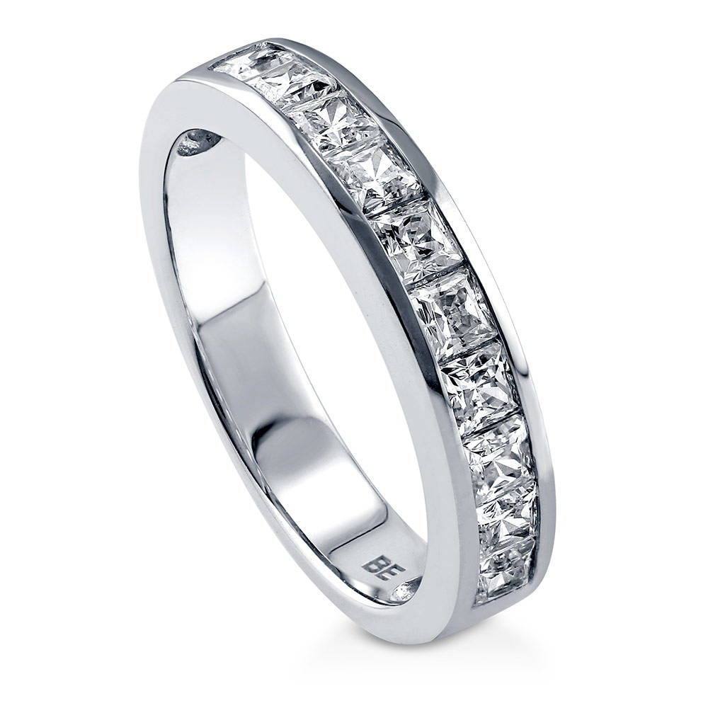 Front view of Channel Set Princess CZ Half Eternity Ring in Sterling Silver, 3 of 6