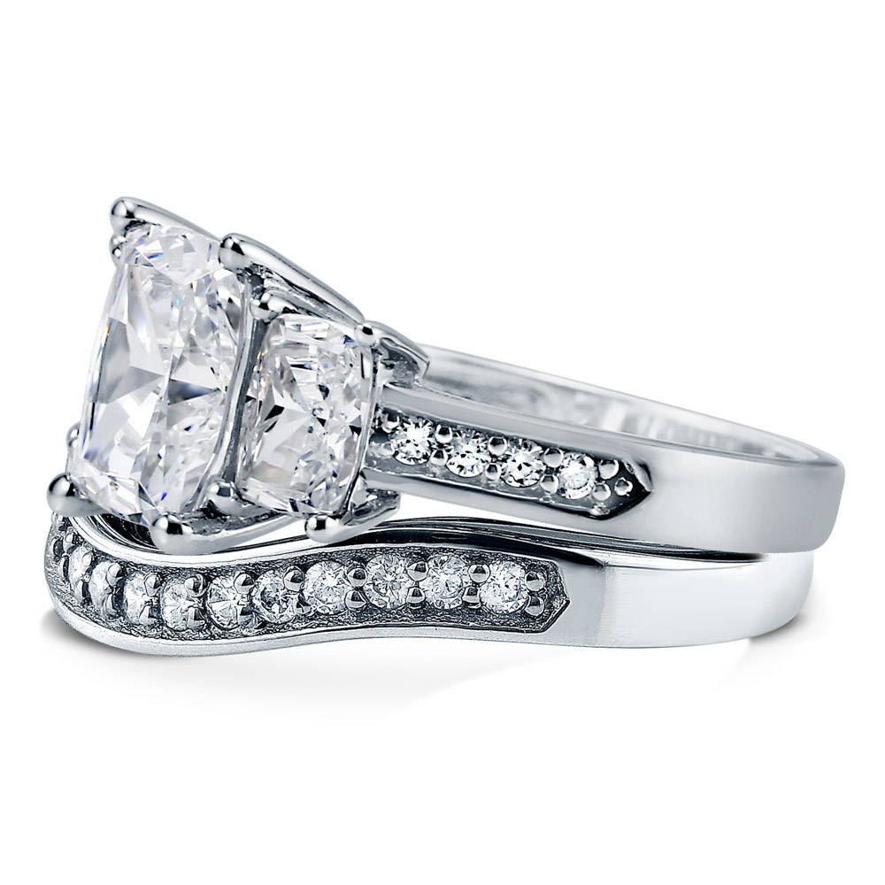 Angle view of 3-Stone 2.6ct Cushion CZ Ring Set in Sterling Silver, 4 of 12