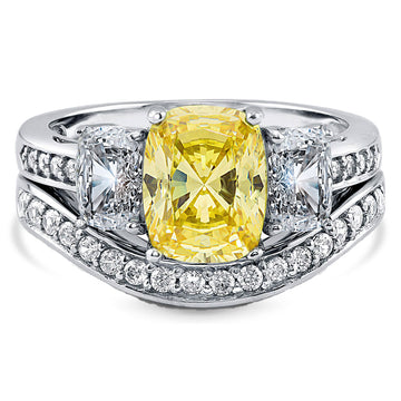 3-Stone Canary Yellow Cushion CZ Ring Set in Sterling Silver