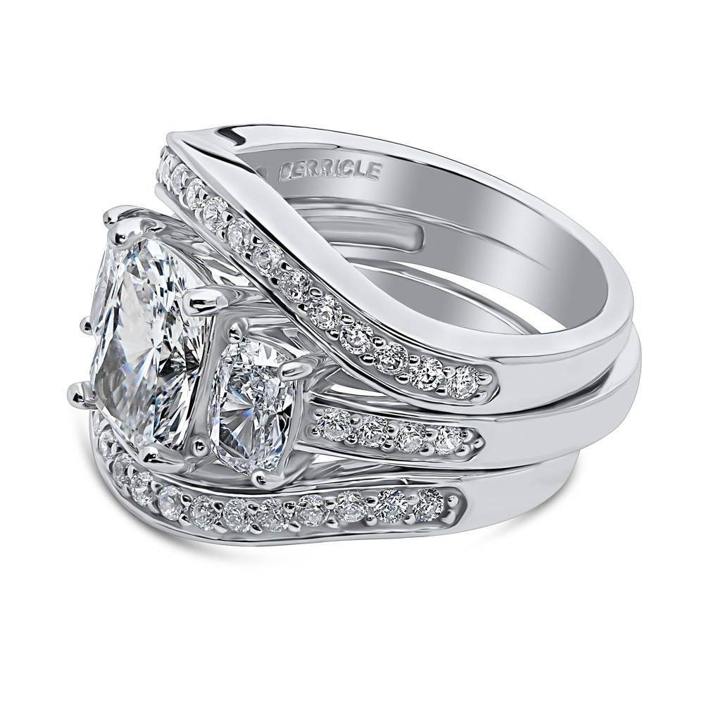Angle view of 3-Stone 2.6ct Cushion CZ Ring Set in Sterling Silver, 5 of 13