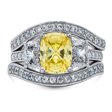 3-Stone Canary Yellow Cushion CZ Ring Set in Sterling Silver
