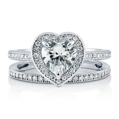 Halo Heart Heart CZ Ring Set in Sterling Silver