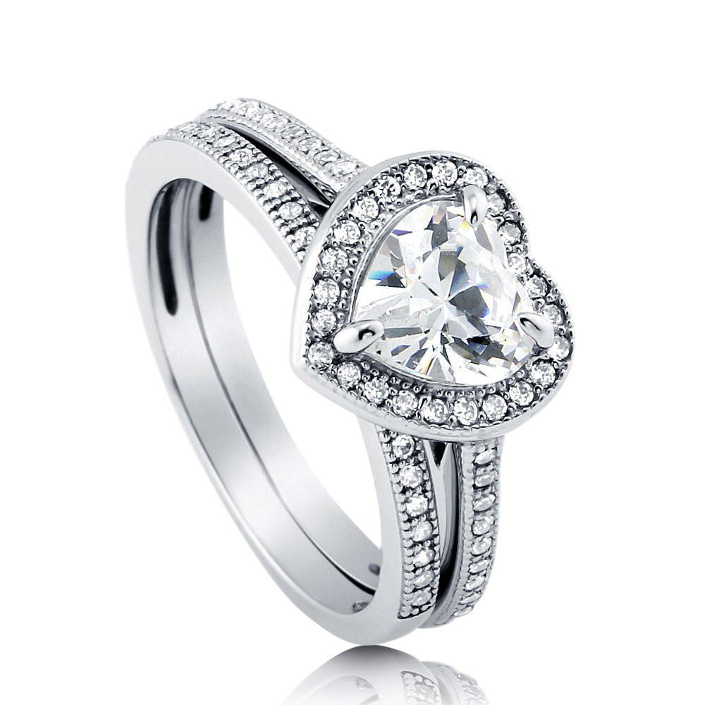 Front view of Halo Heart Heart CZ Ring Set in Sterling Silver, 4 of 7
