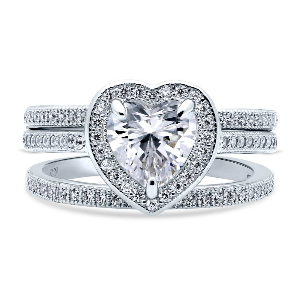 Halo Heart Heart CZ Ring Set in Sterling Silver, 1 of 7