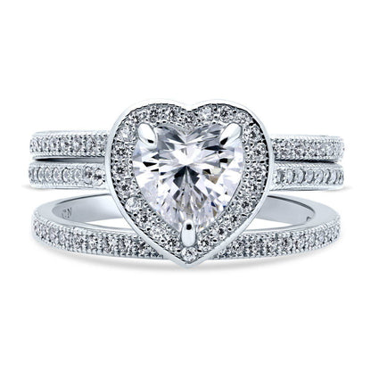 Halo Heart Heart CZ Ring Set in Sterling Silver
