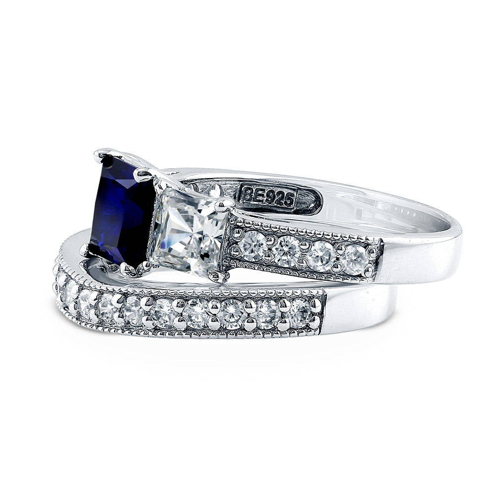Angle view of 3-Stone Sapphire-Blue Princess CZ Ring Set in Sterling Silver, 5 of 8