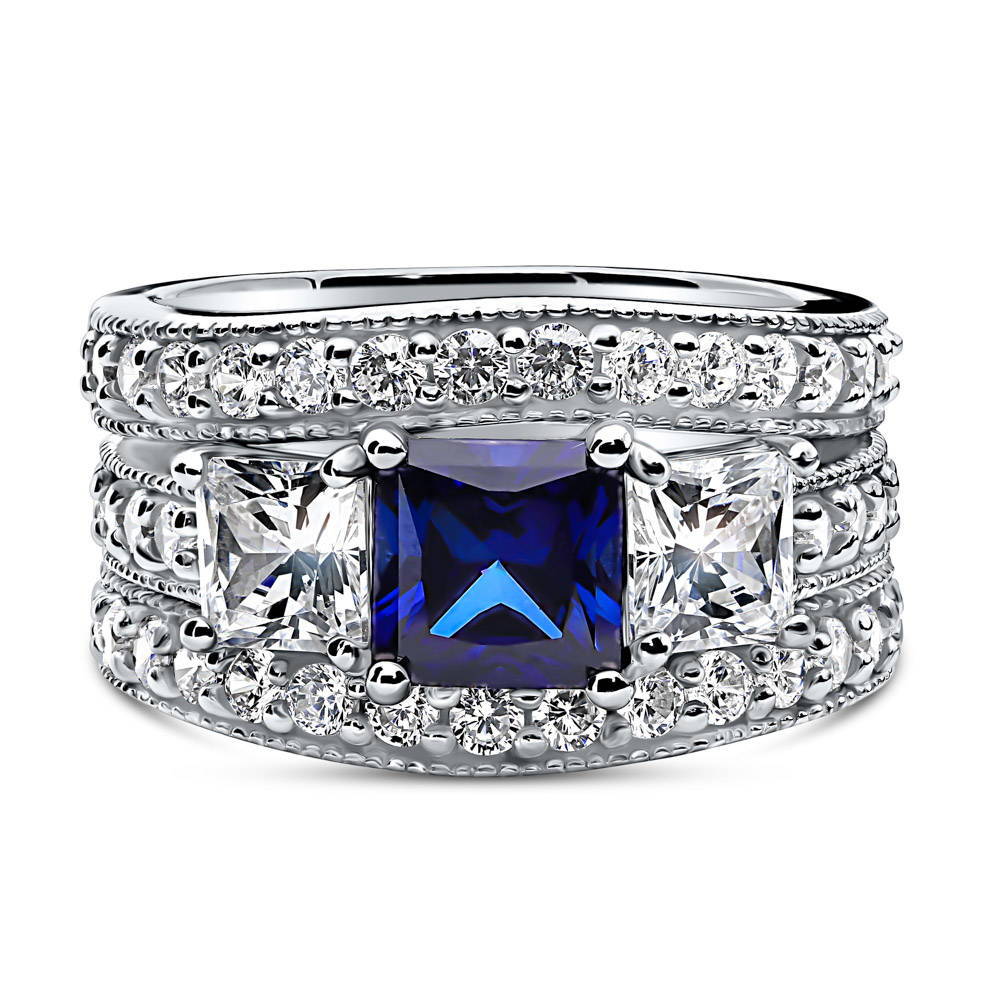 3-Stone Sapphire-Blue Princess CZ Ring Set in Sterling Silver