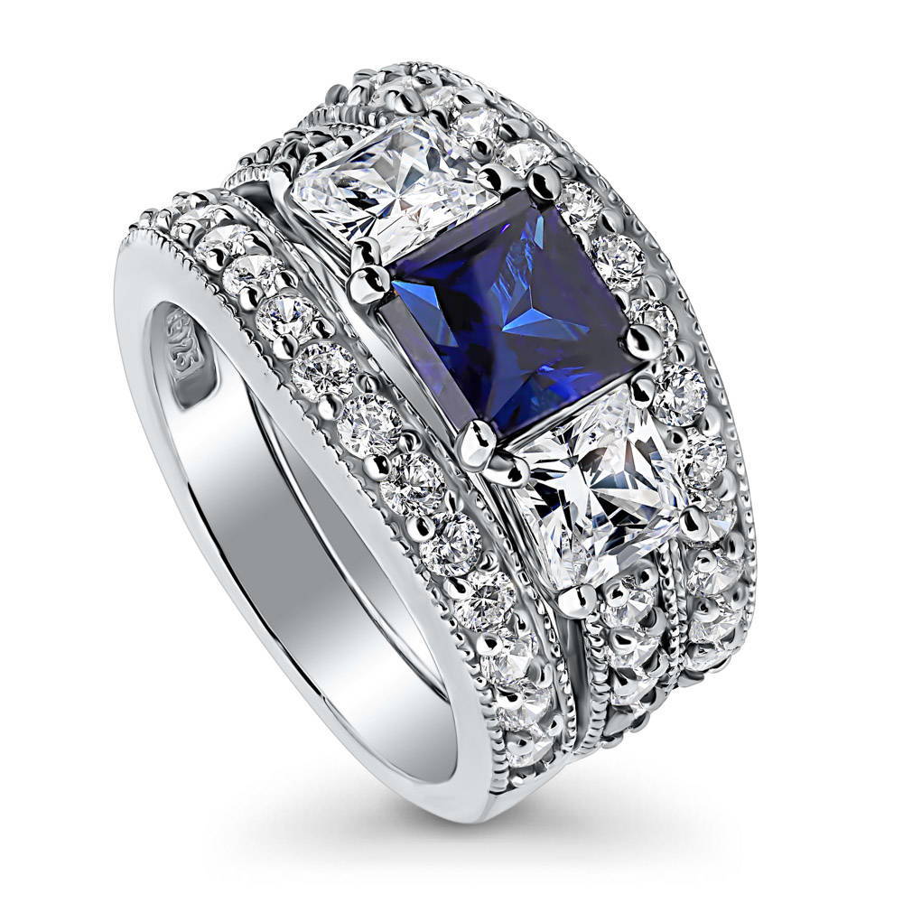 Front view of 3-Stone Sapphire-Blue Princess CZ Ring Set in Sterling Silver, 4 of 8