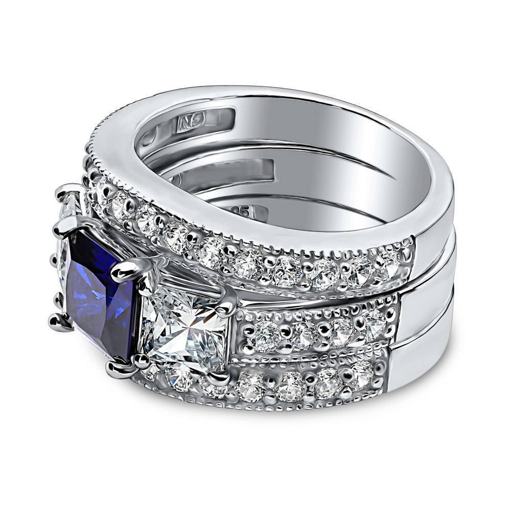 Angle view of 3-Stone Sapphire-Blue Princess CZ Ring Set in Sterling Silver, 5 of 8