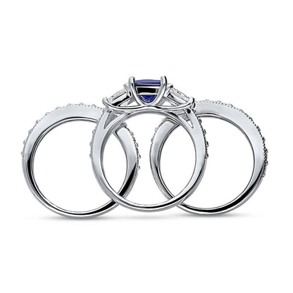 3-Stone Sapphire-Blue Princess CZ Ring Set in Sterling Silver