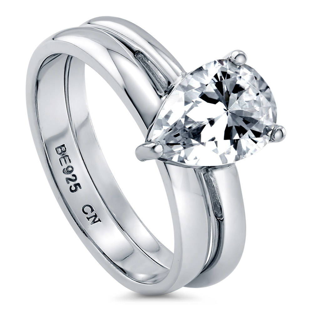Front view of Solitaire 1.8ct Pear CZ Ring Set in Sterling Silver, 4 of 11