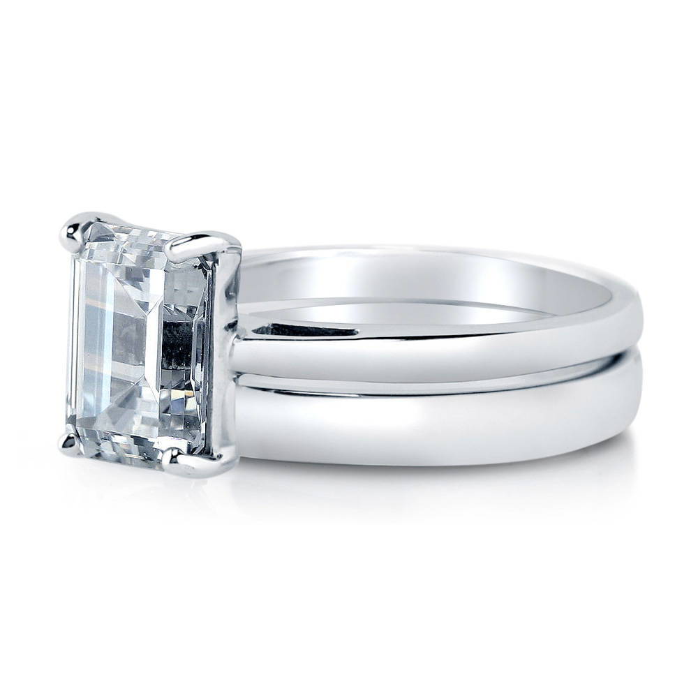 Solitaire 2.1ct Emerald Cut CZ Ring Set in Sterling Silver