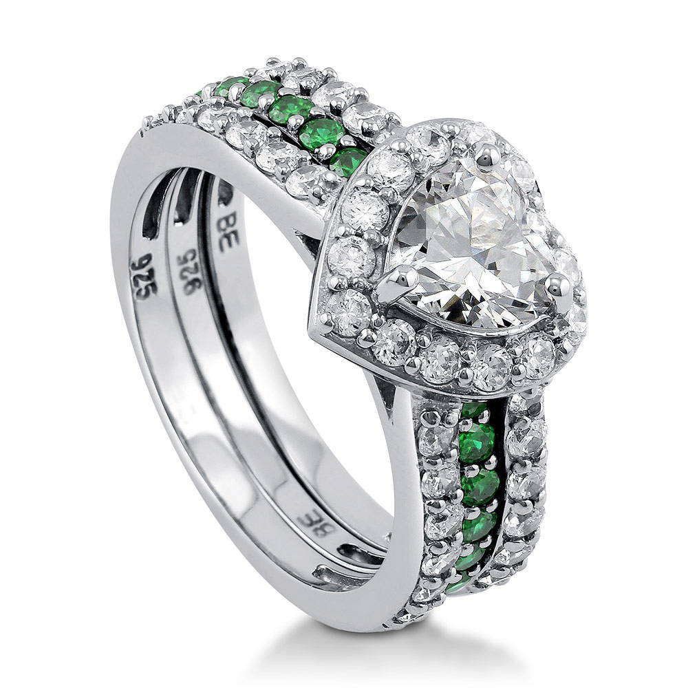 Front view of Halo Heart Heart CZ Insert Ring Set in Sterling Silver, 4 of 8