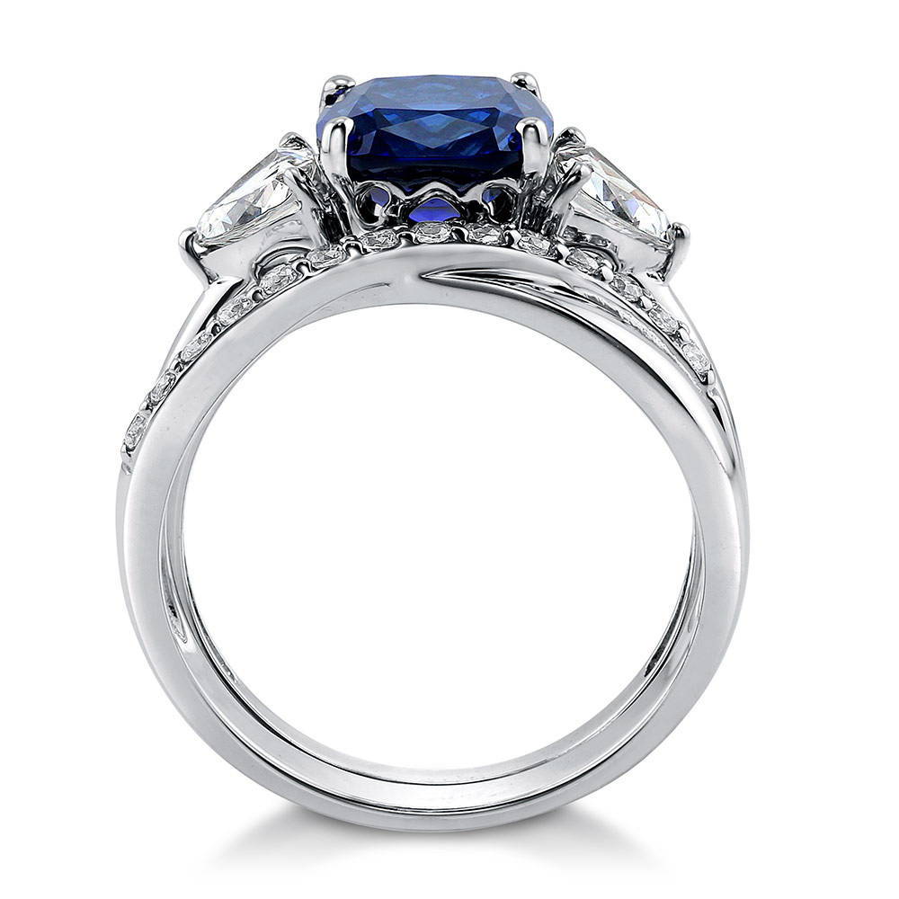 3-Stone Simulated Blue Sapphire Cushion CZ Ring Set in Sterling Silver