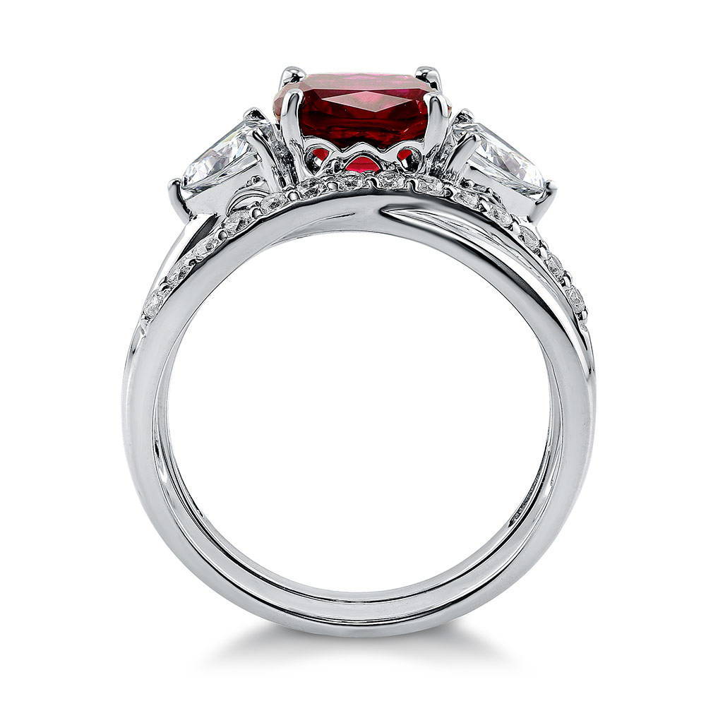 3-Stone Simulated Ruby Cushion CZ Ring Set in Sterling Silver