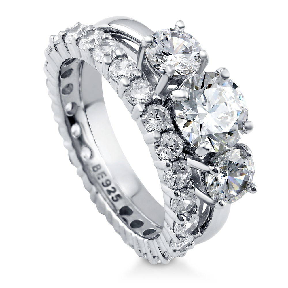 Front view of 3-Stone Round CZ Ring Set in Sterling Silver, 4 of 11