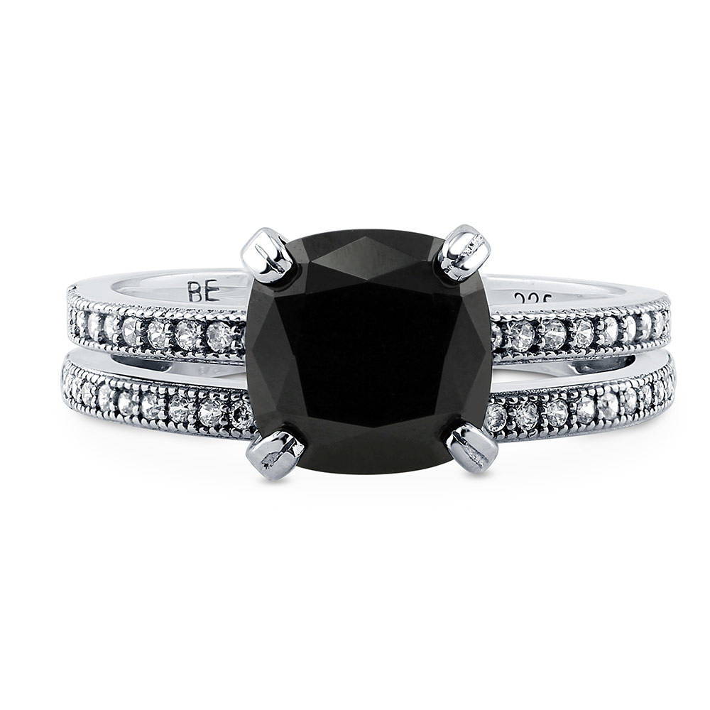 Solitaire 3ct Black Cushion CZ Ring Set in Sterling Silver