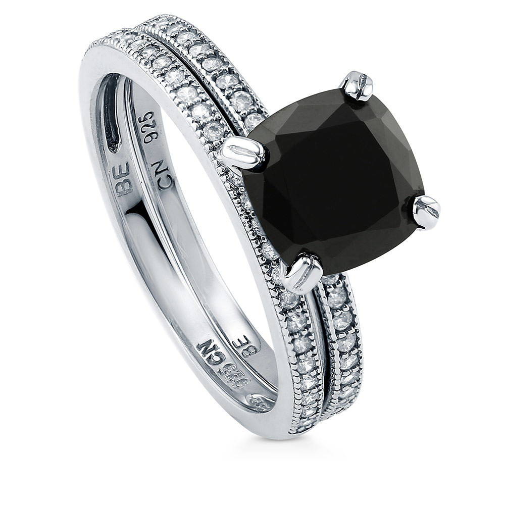 Solitaire 3ct Black Cushion CZ Ring Set in Sterling Silver