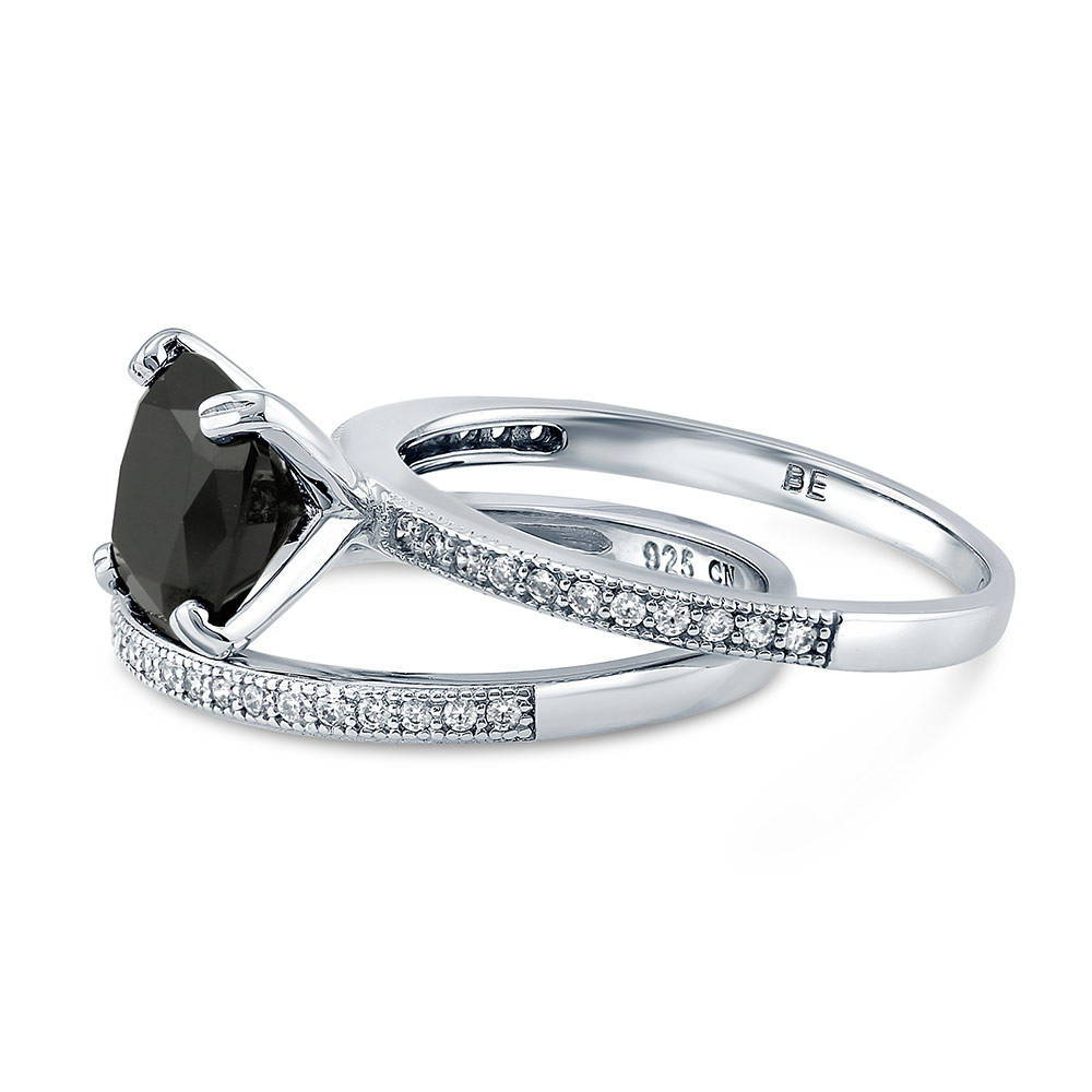 Angle view of Solitaire 3ct Black Cushion CZ Ring Set in Sterling Silver, 5 of 9