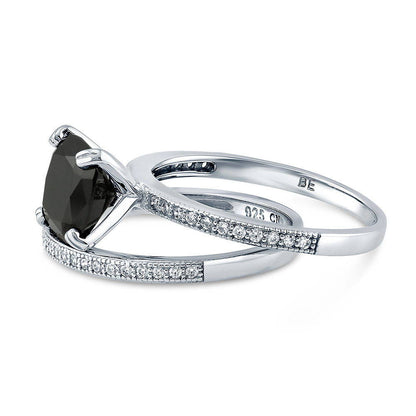 Solitaire 3ct Black Cushion CZ Ring Set in Sterling Silver