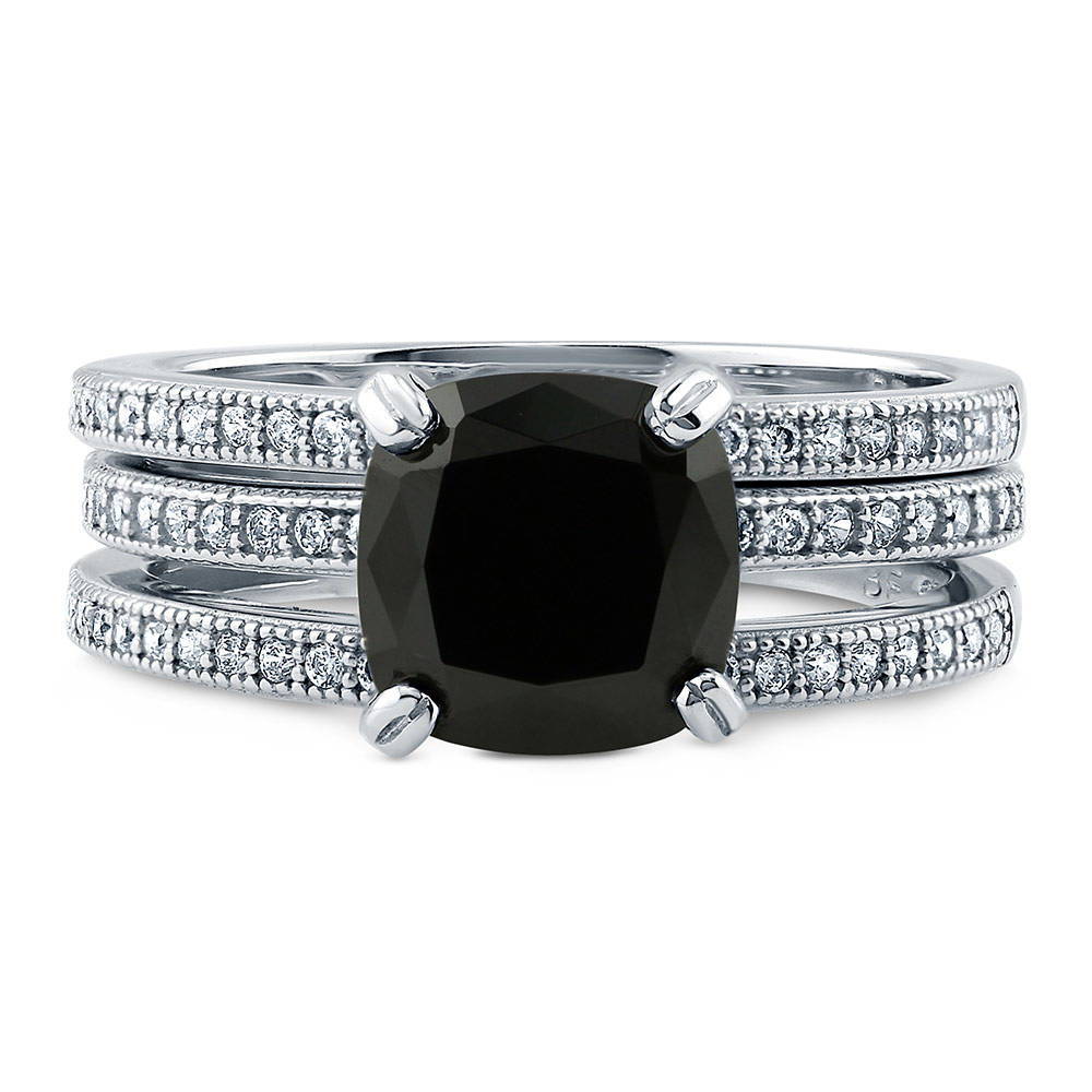 Solitaire 3ct Black Cushion CZ Ring Set in Sterling Silver