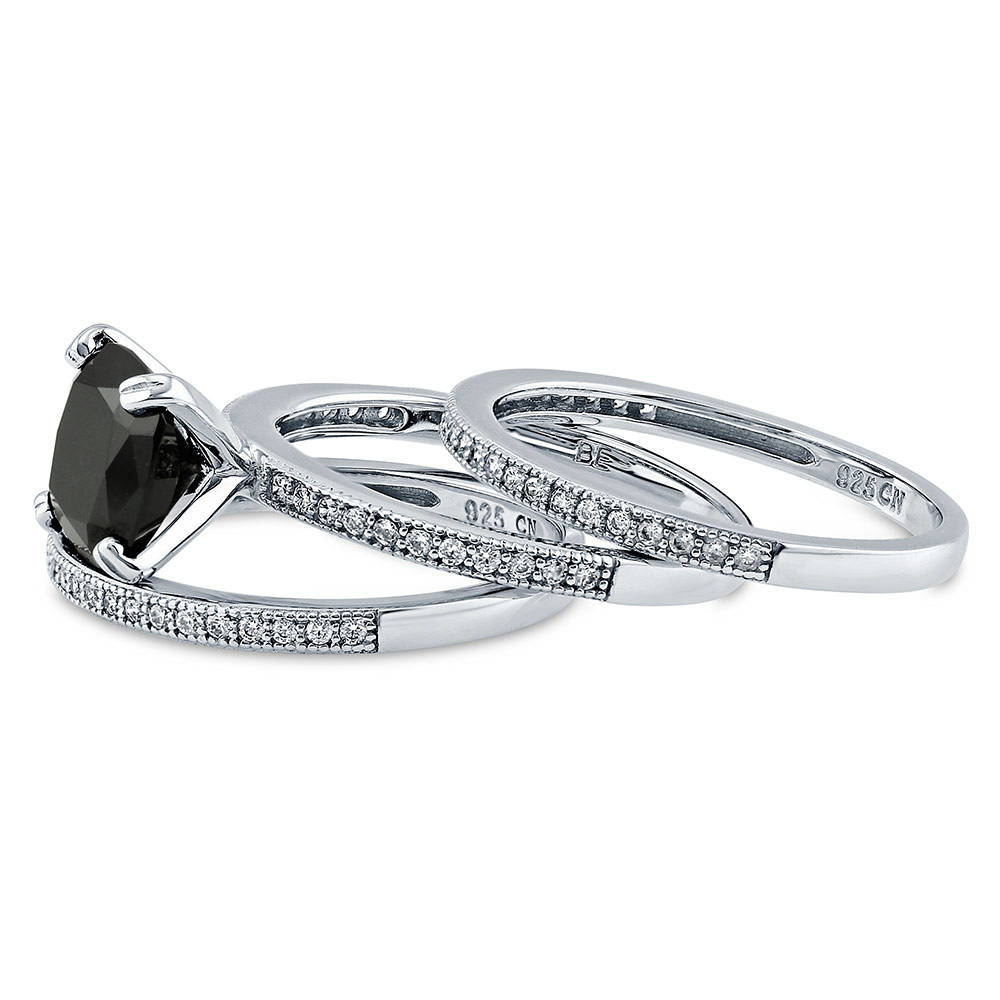 Solitaire 3ct Black Cushion CZ Ring Set in Sterling Silver
