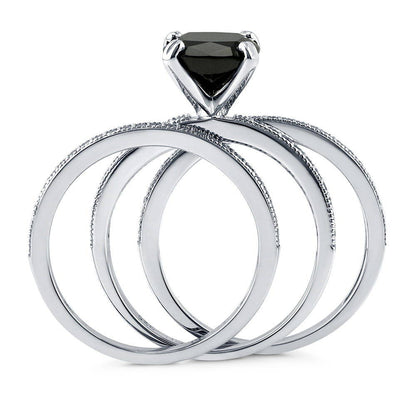 Solitaire 3ct Black Cushion CZ Ring Set in Sterling Silver