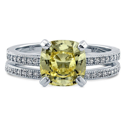 Solitaire Canary Yellow Cushion CZ Ring Set in Sterling Silver