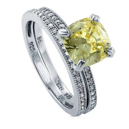 Solitaire Canary Yellow Cushion CZ Ring Set in Sterling Silver