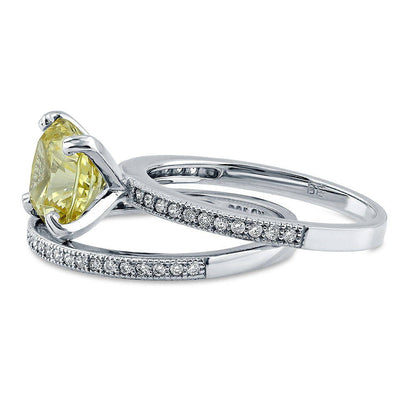 Solitaire Canary Yellow Cushion CZ Ring Set in Sterling Silver