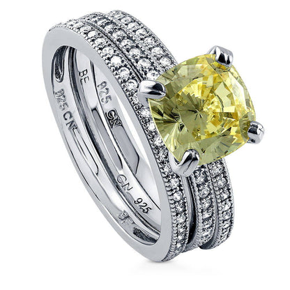 Solitaire Canary Yellow Cushion CZ Ring Set in Sterling Silver