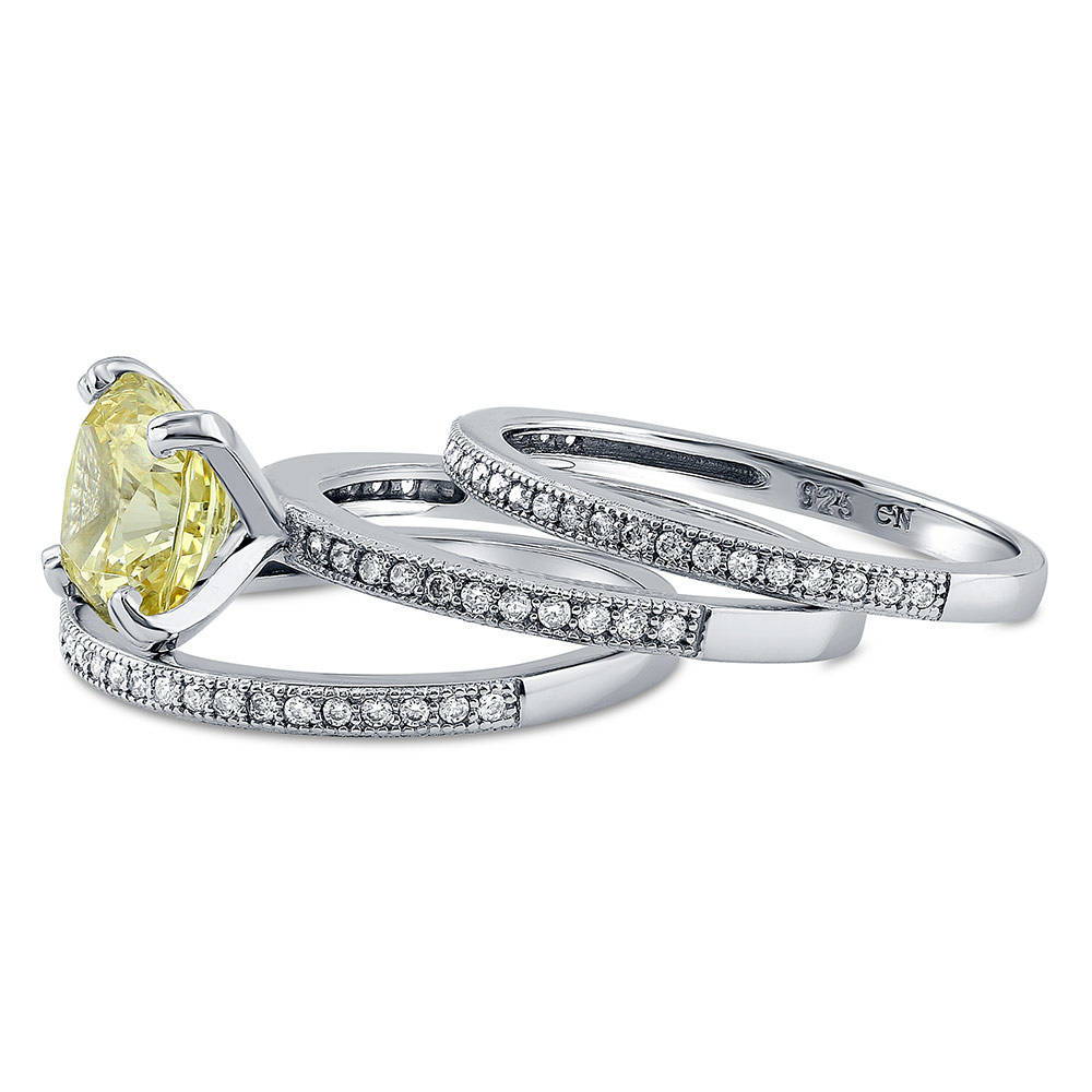 Angle view of Solitaire Canary Yellow Cushion CZ Ring Set in Sterling Silver, 5 of 9
