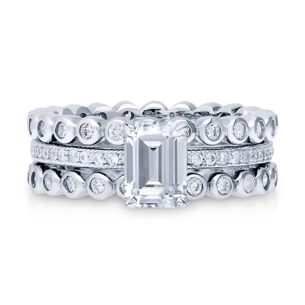 Solitaire 1ct Emerald Cut CZ Ring Set in Sterling Silver