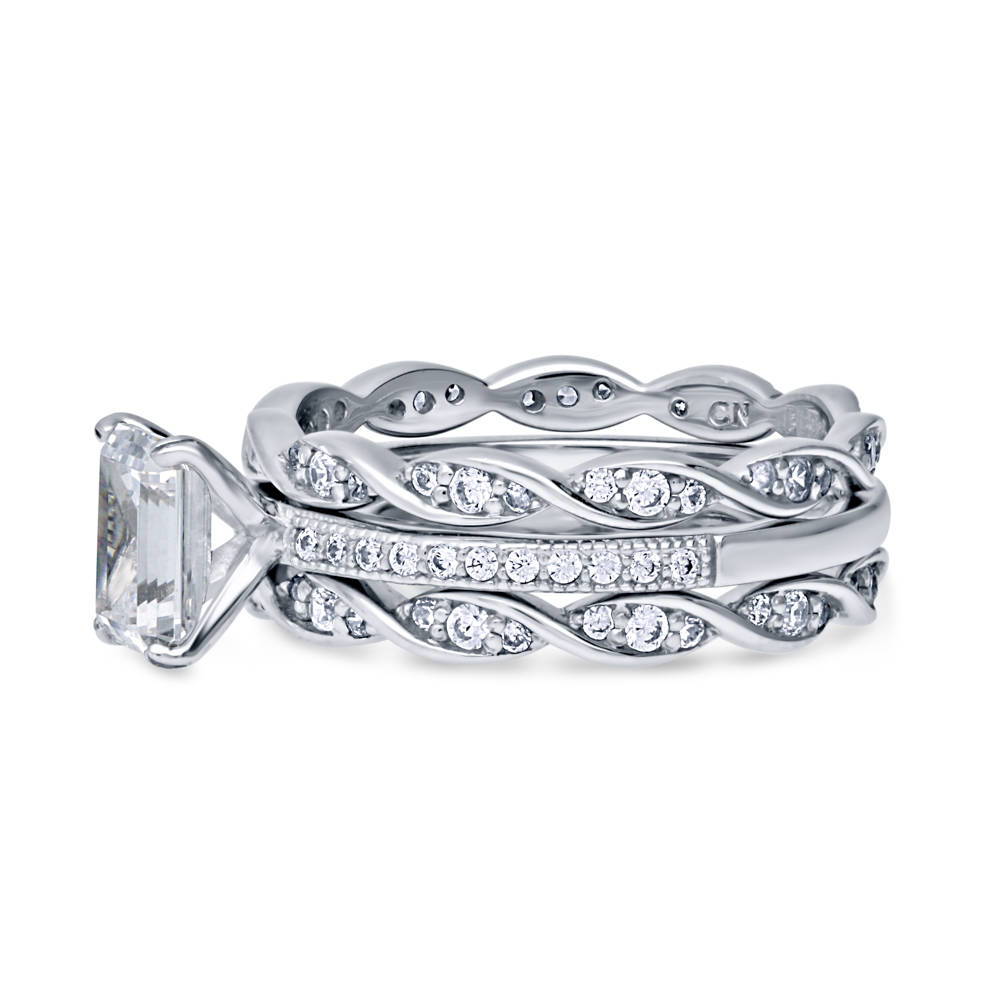 Solitaire 1ct Emerald Cut CZ Ring Set in Sterling Silver