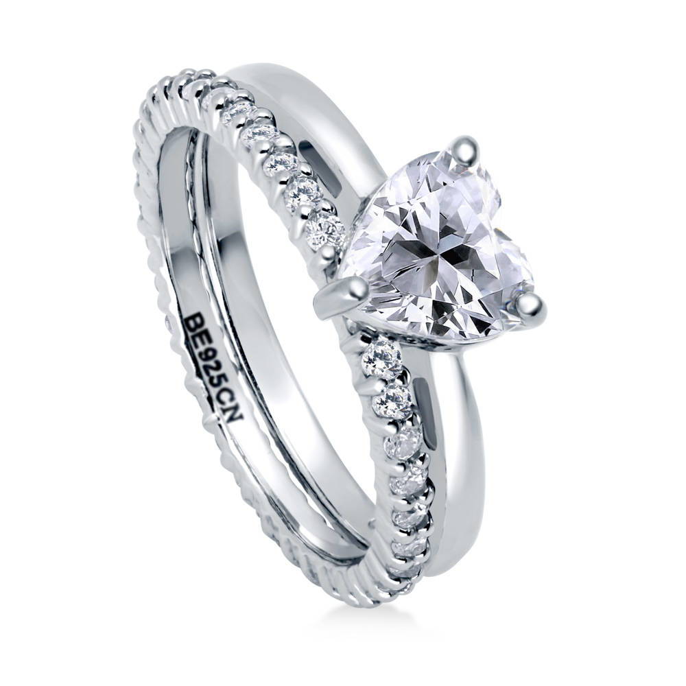 Front view of Solitaire Heart 1.1ct Heart CZ Ring Set in Sterling Silver, 4 of 12
