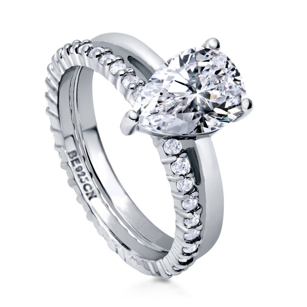 Front view of Solitaire 1.8ct Pear CZ Ring Set in Sterling Silver, 4 of 16