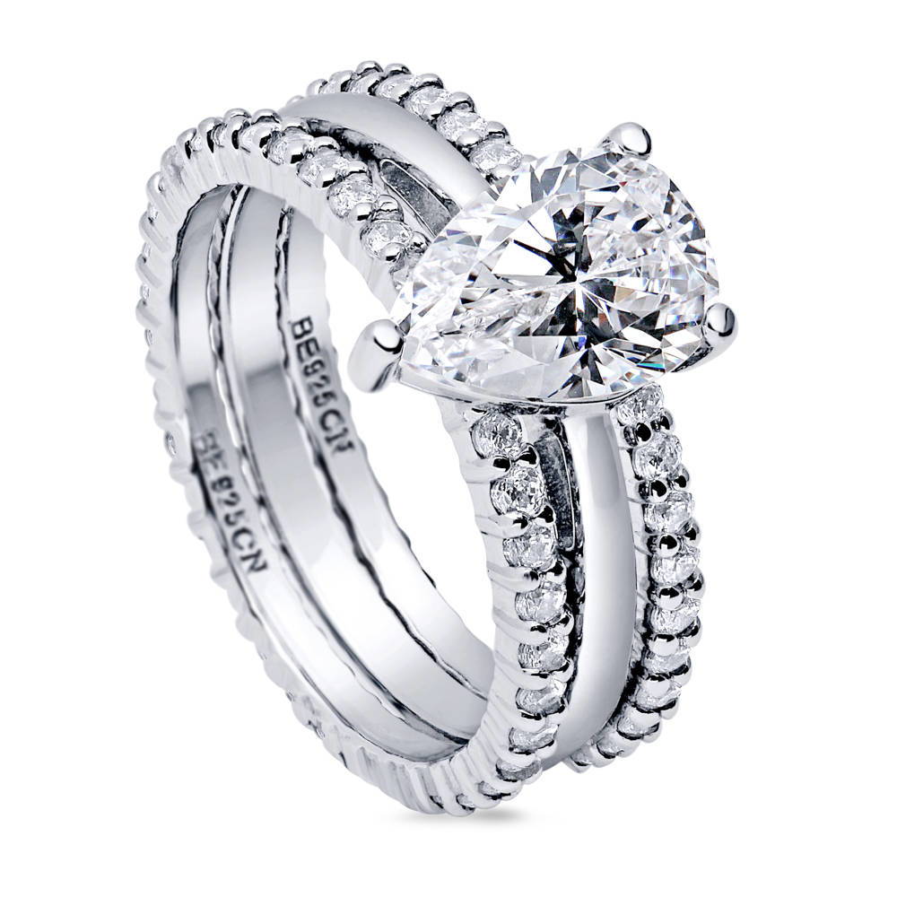Front view of Solitaire 1.8ct Pear CZ Ring Set in Sterling Silver, 4 of 16
