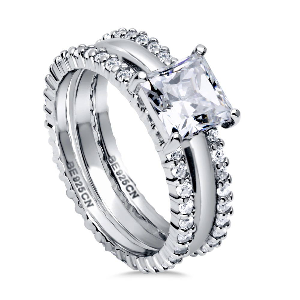 Front view of Solitaire 1.6ct Princess CZ Ring Set in Sterling Silver, 4 of 15