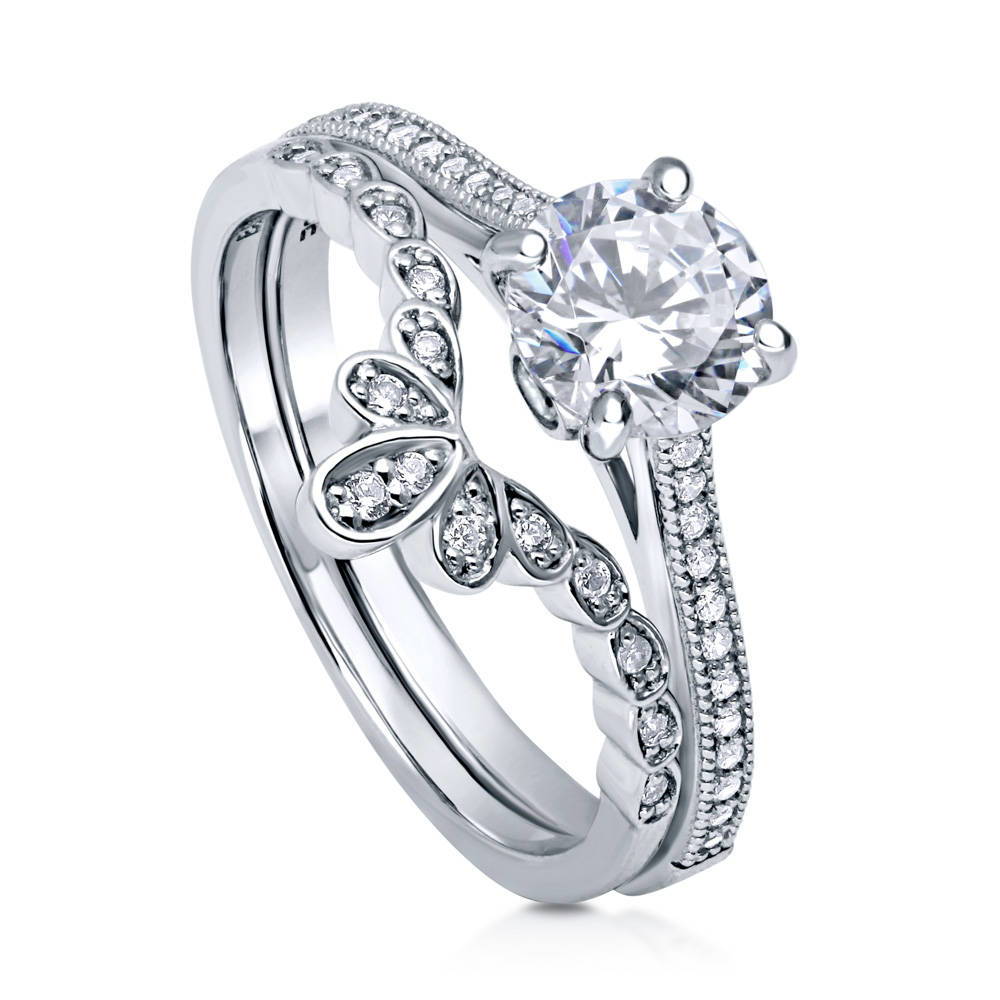Front view of Flower Solitaire CZ Ring Set in Sterling Silver, 4 of 9