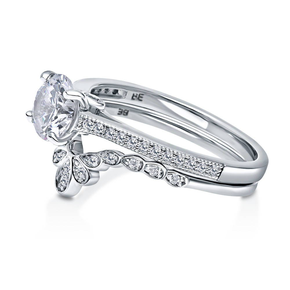 Angle view of Flower Solitaire CZ Ring Set in Sterling Silver, 5 of 9
