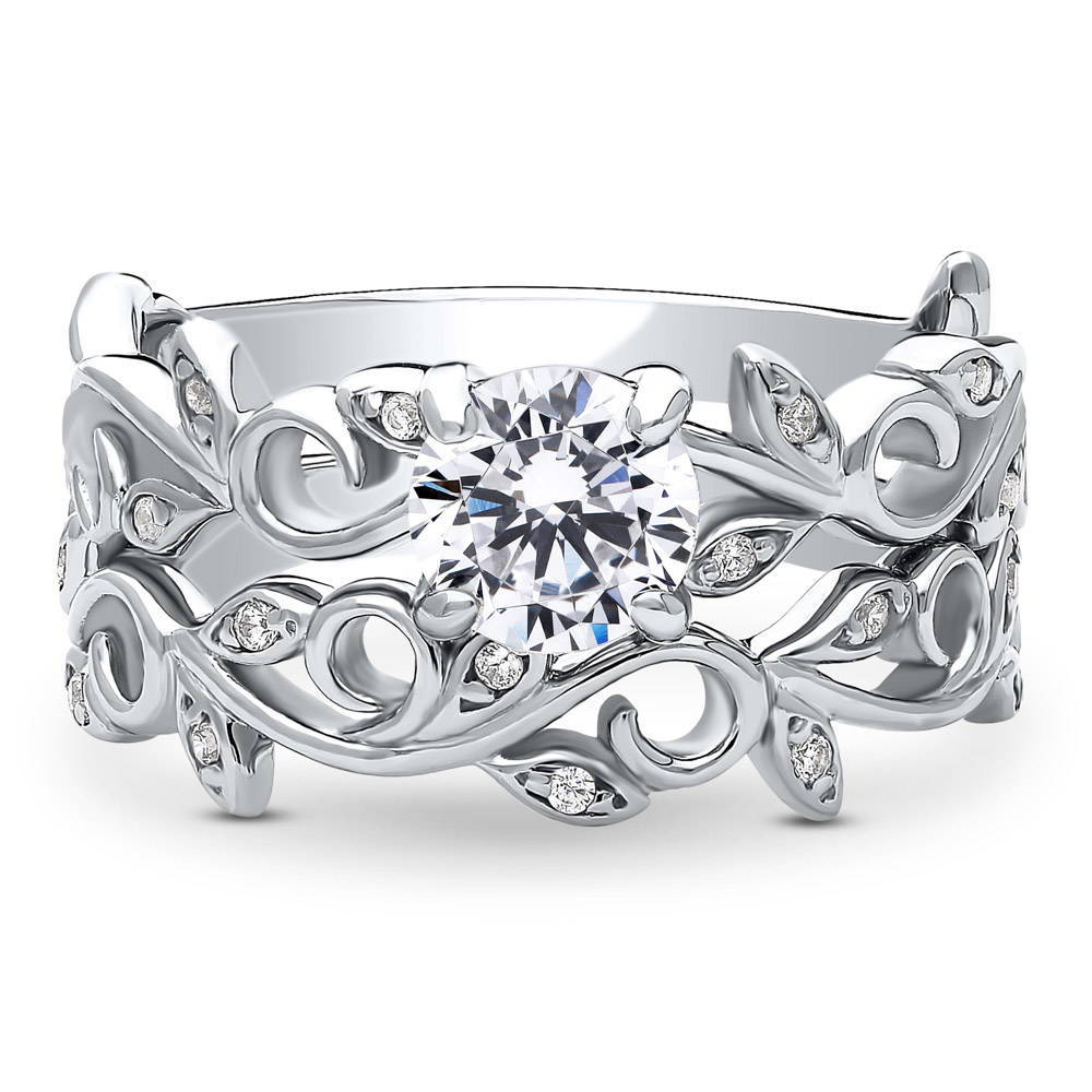 Solitaire Leaf Filigree 0.8ct CZ Ring Set in Sterling Silver
