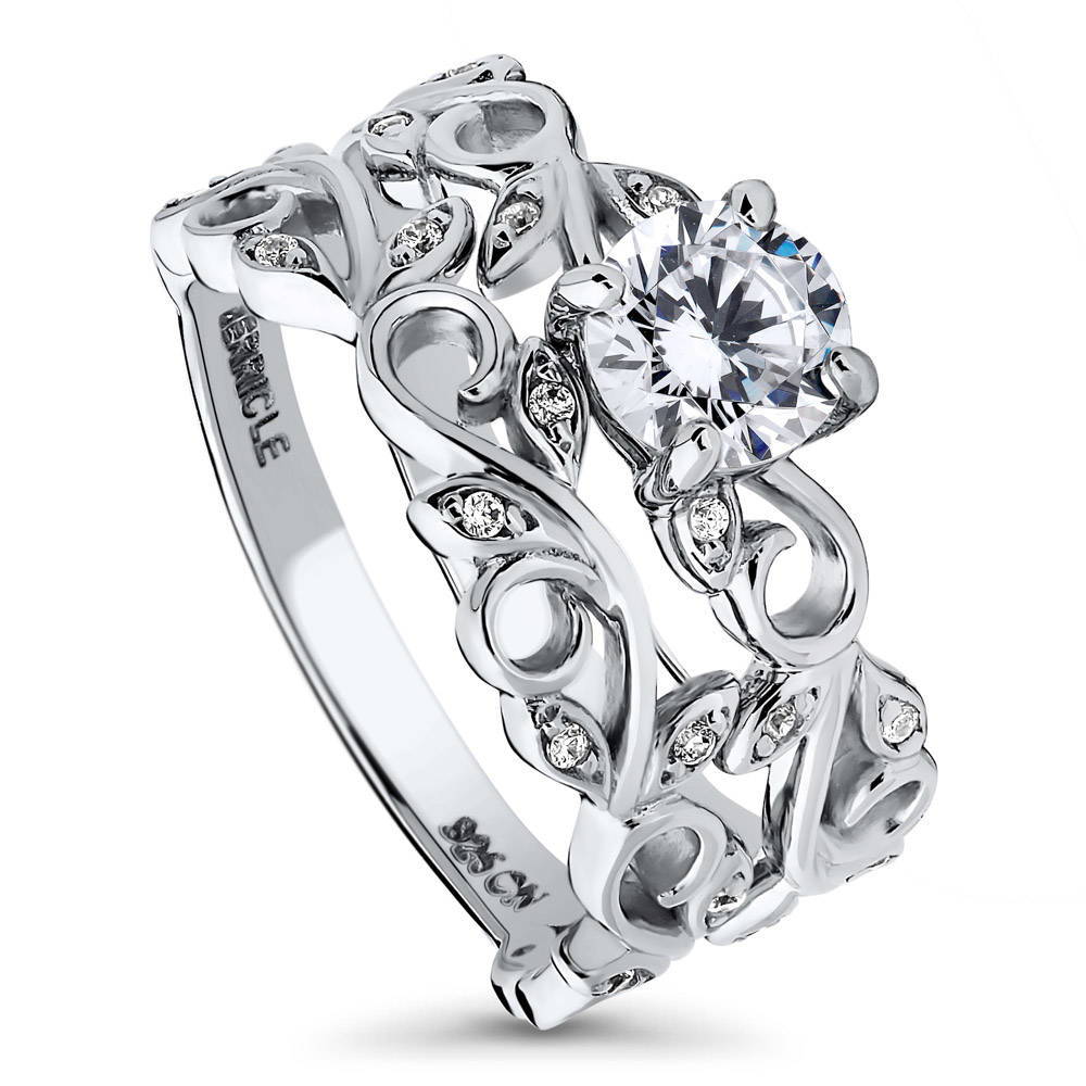 Solitaire Leaf Filigree 0.8ct CZ Ring Set in Sterling Silver