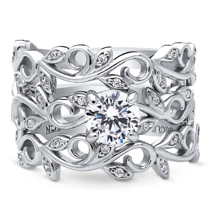 Solitaire Leaf Filigree 0.8ct CZ Ring Set in Sterling Silver