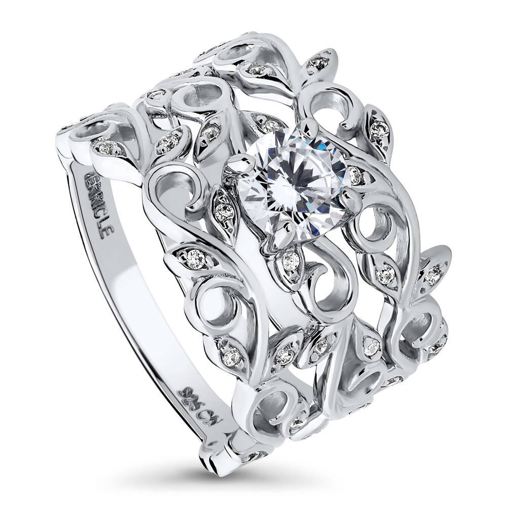 Front view of Solitaire Leaf Filigree 0.8ct CZ Ring Set in Sterling Silver, 4 of 10