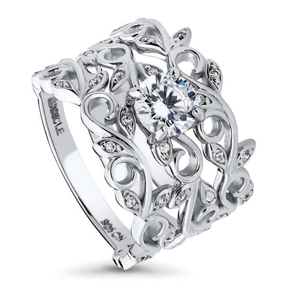 Solitaire Leaf Filigree 0.8ct CZ Ring Set in Sterling Silver