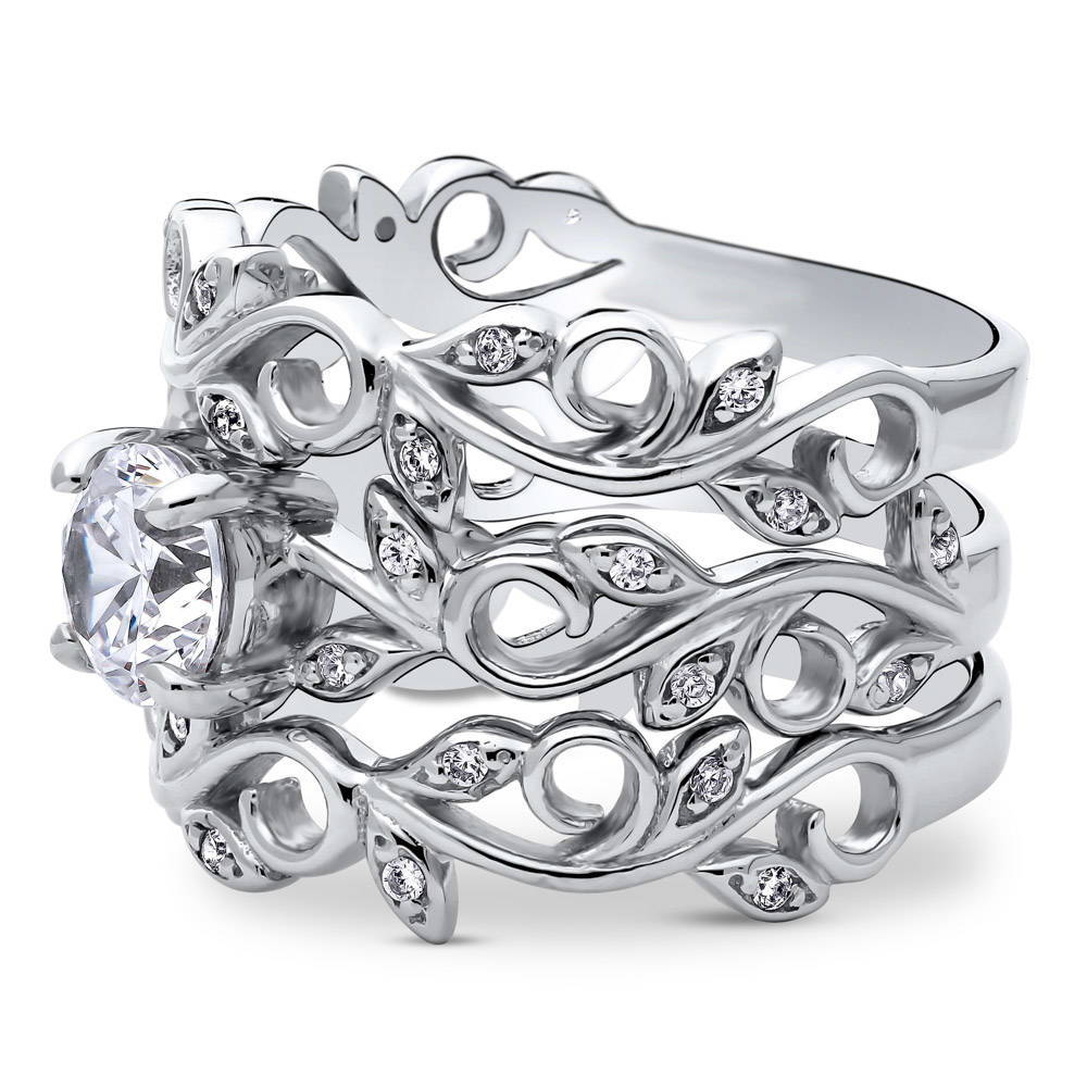 Solitaire Leaf Filigree 0.8ct CZ Ring Set in Sterling Silver