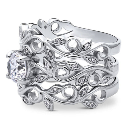 Solitaire Leaf Filigree 0.8ct CZ Ring Set in Sterling Silver